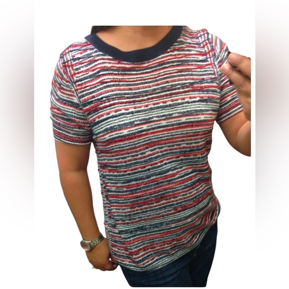 J. Crews Red White Blue Striped Beaded Linen Short Sleeve Tee Crew Neck Size L